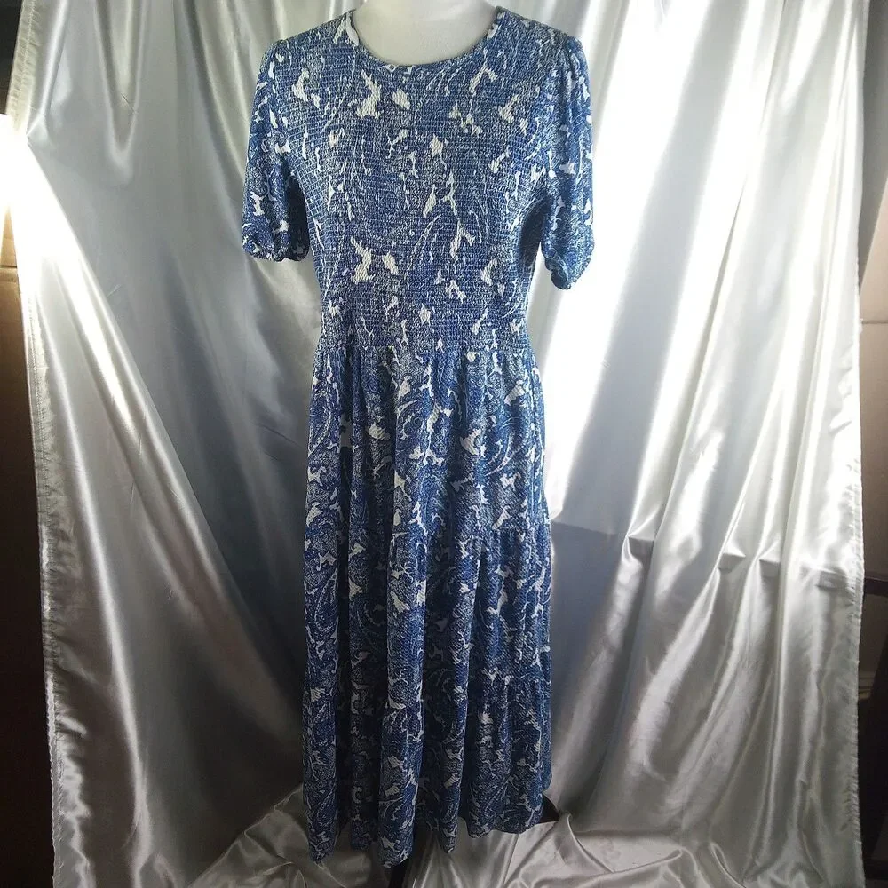 MICHAEL KORS BLUE WHITE PAISLEY SHORT SLEEVE LINED MAXI DRESS SIZE XL